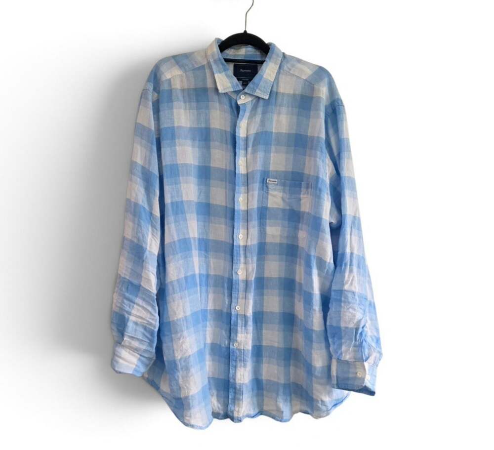Faconnable Deauville Men's Linen Shirt 2XLT Blue White Plaid Long Sleeve